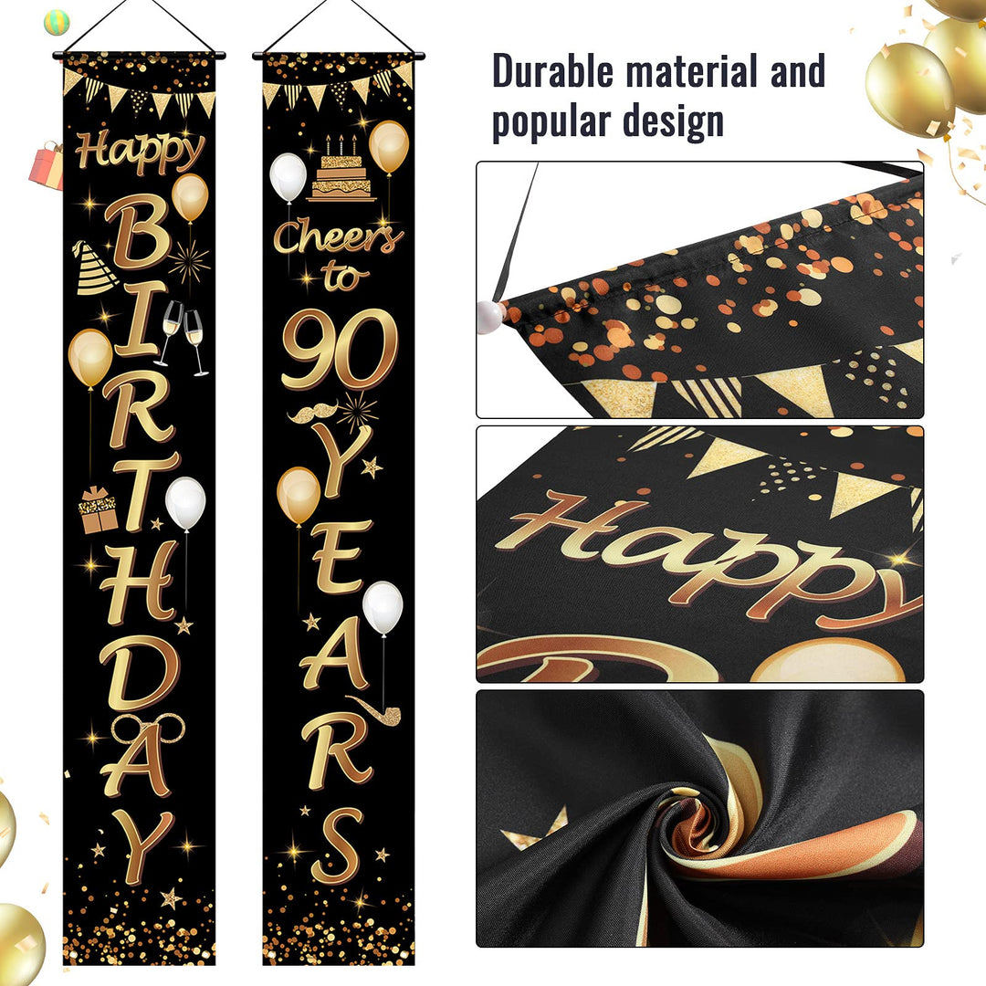 2 Pieces 90th Birthday Party Decorations Cheers to 90 Years Banner Porch Sign Door Hanging Banner 90th Party Decorations Welcome Porch Sign for 90 Years Birthday Supplies, 71 x 12 Inches