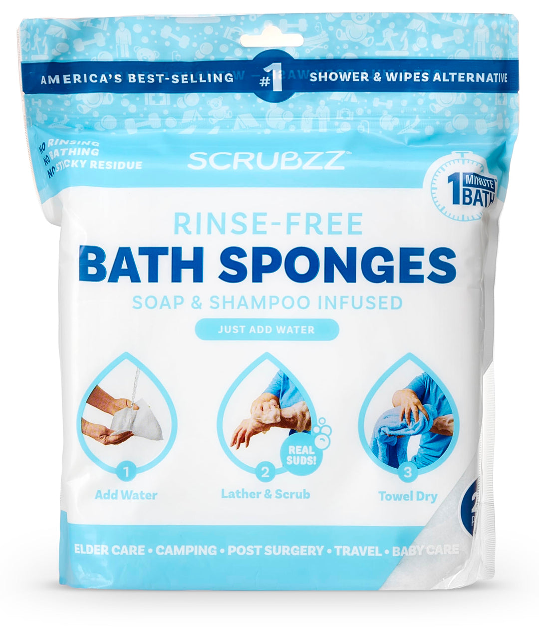 Scrubzz Disposable Rinse Free Bathing Wipes - 25 Pack -