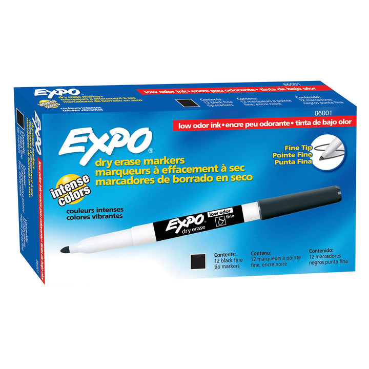 Low Odor Dry Erase Markers, Fine Tip, Black, 12 Count
