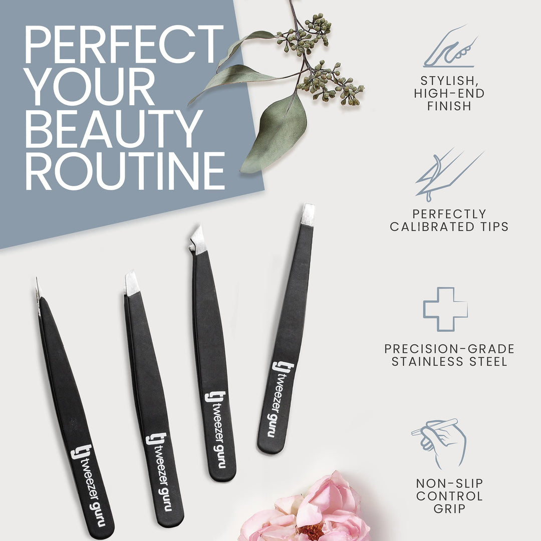 Tweezer Guru Eyebrow Tweezer Set (4-Piece) for Women &amp; Men - Professional Slant and Pointed Tweezers Set with Case - Precision Tweezers Kit for Facial Hair, Splinter and Ingrown Hair Removal