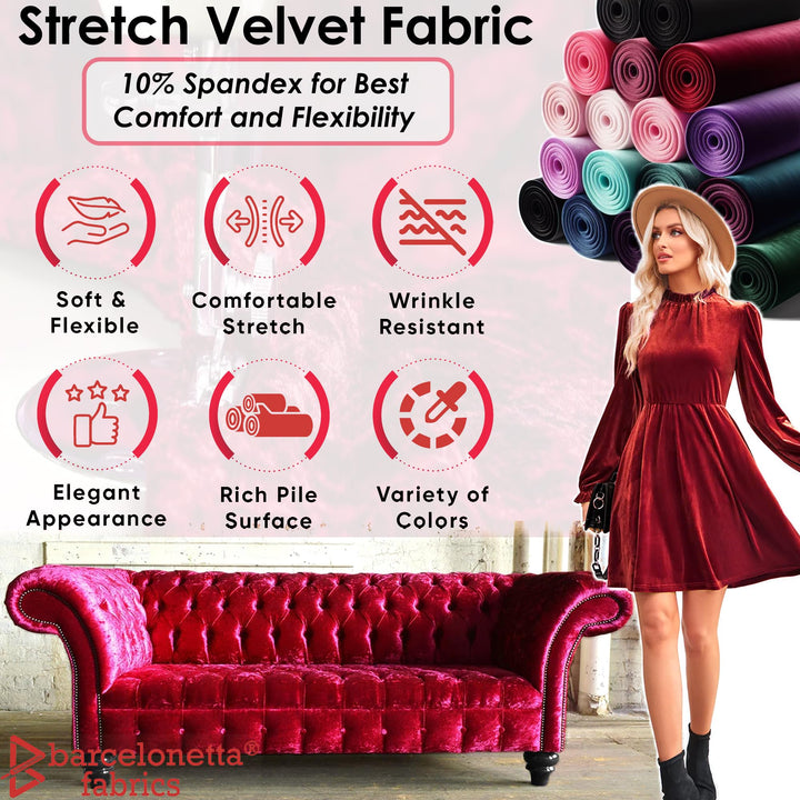Barcelonetta | Stretch Velvet Fabric | Luxury & Soft | Velvet Fabric | 60 Wide Roll | 10% Spandex | Sewing, Apparel, Upholstery (Red, 2 Yards)