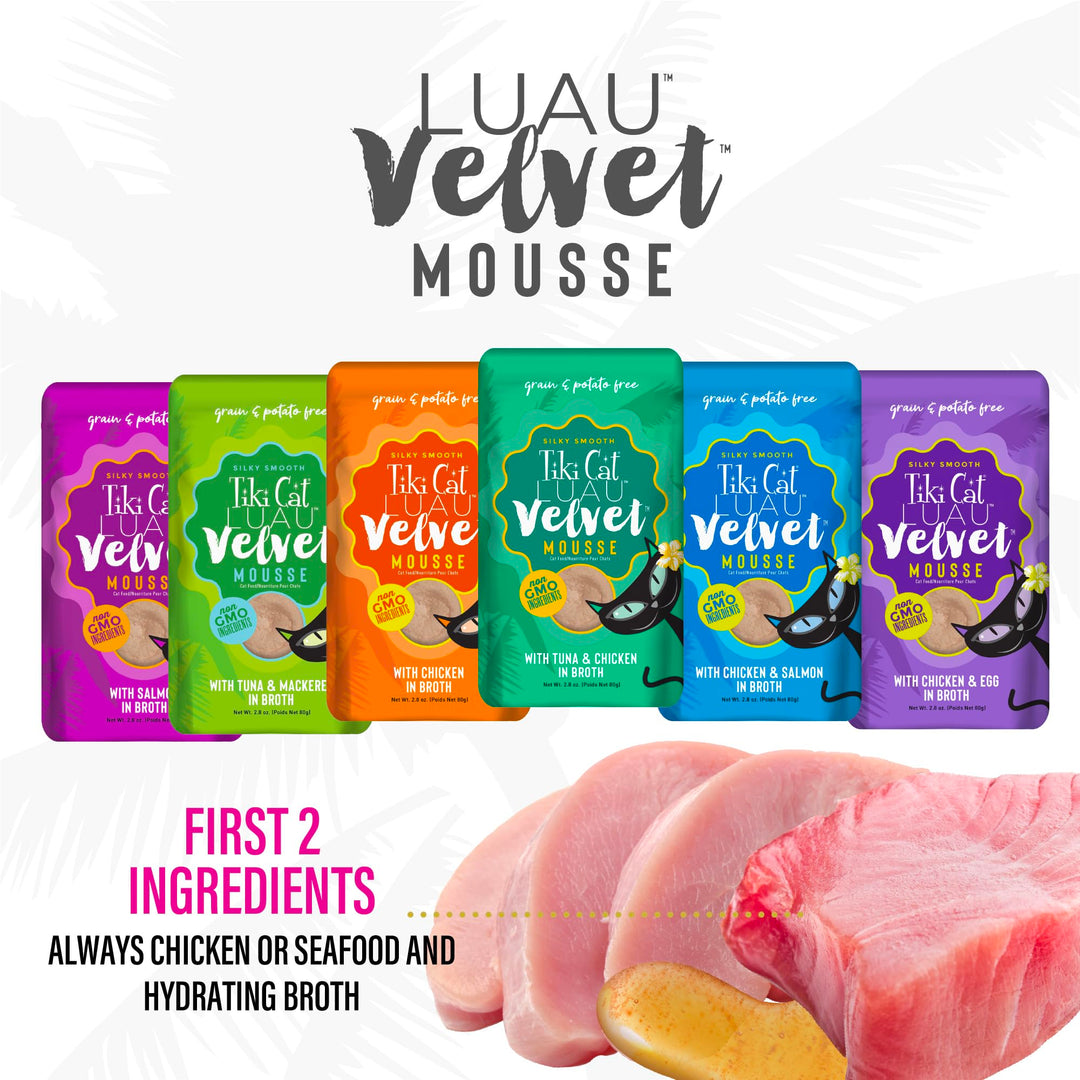 Tiki Cat Velvet Mousse, Protein Blend in Broth Variety Pack, Complete Nutrition for Balanced Diet, Wet Cat Food For All Life Stages, 2.8 oz. Pouch (Pack of 12)