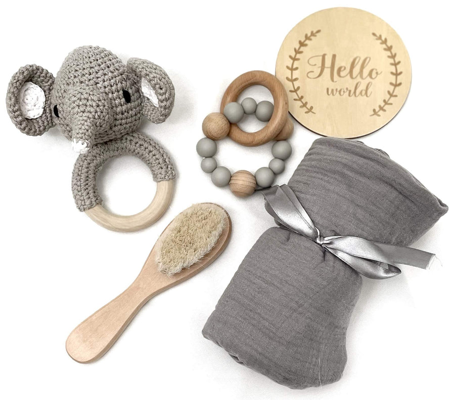 Newborn Baby Welcome Gift Set Boy Girl Unisex Gift Box Gray (Elephant)