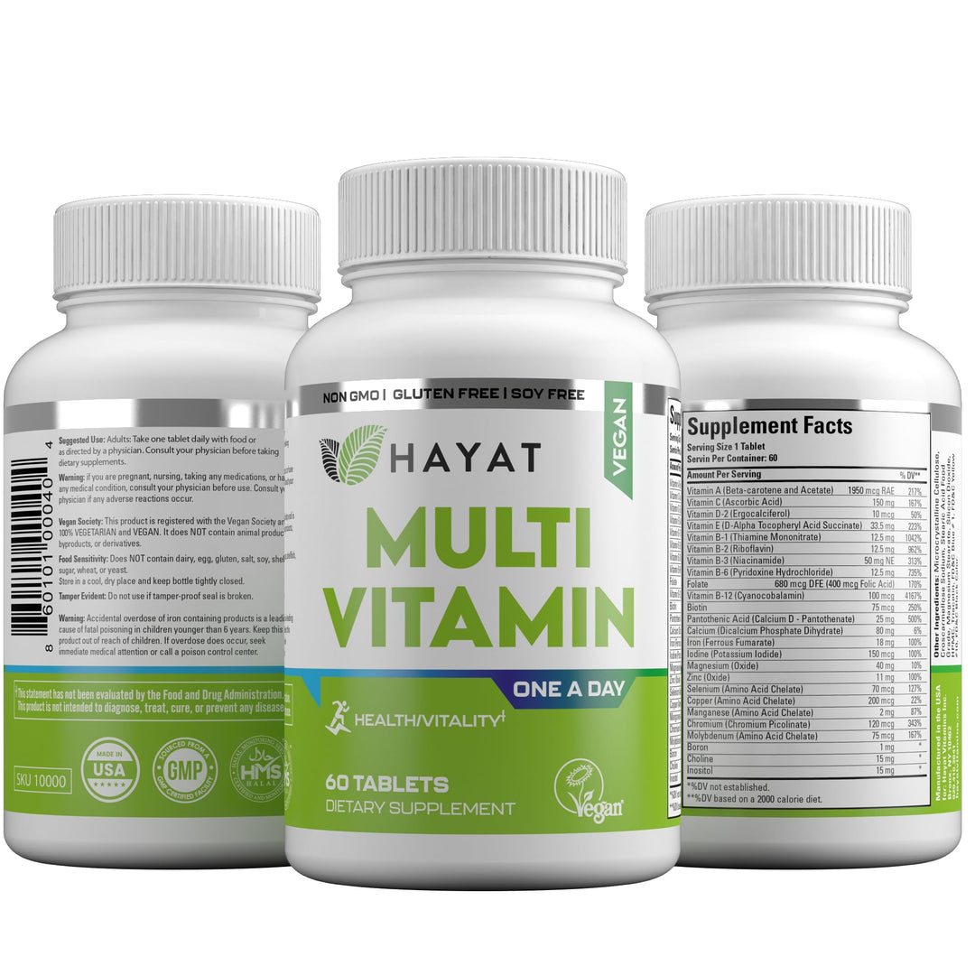 HAYAT Vitamins Vegan Natural Multivitamin, Daily Vitamins with Vitamin A, C, D, E, B1, B2, B3, B6, B12, Biotin, Zinc and More, 2 Month Supply, All Natural, Certified Halal, 60 Tablets, Made in The USA