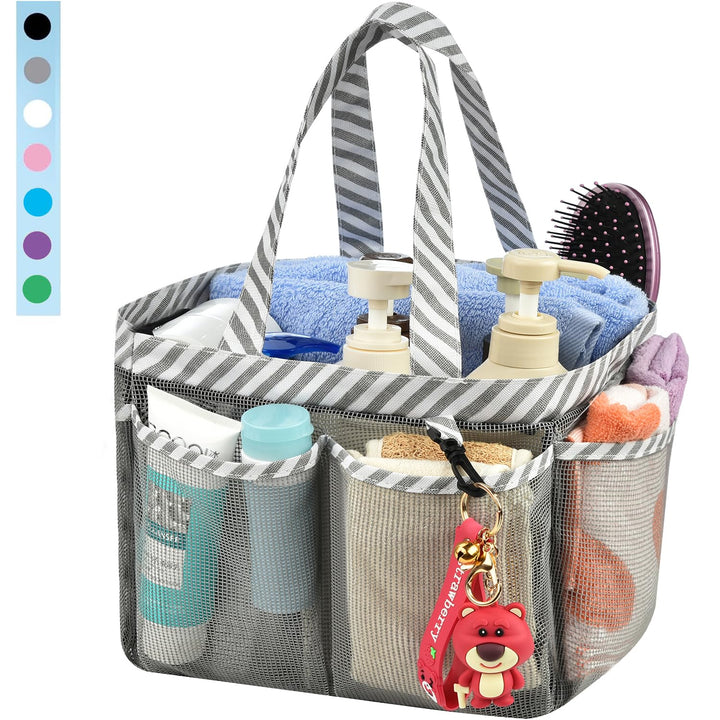 Mesh Shower Caddy Bag, Portable College Dorm Bathroom Tote, Quick Dry Holder for Camp Gym, 8 Basket Pockets with Key Hook and 2 Oxford Handles, Gray