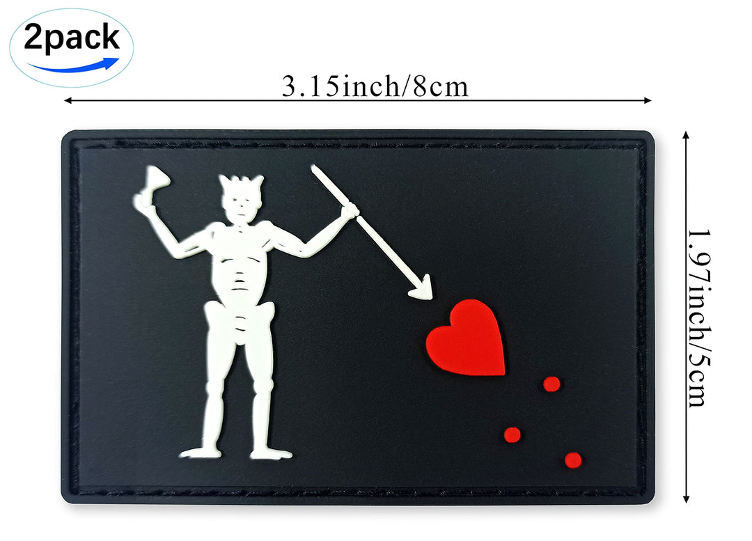 Pirate Edward Teach Flag Patch Blackbeard Pirate Tactical Patch - PVC Rubber Hook and Loop Fastener Patch, 2 Pack
