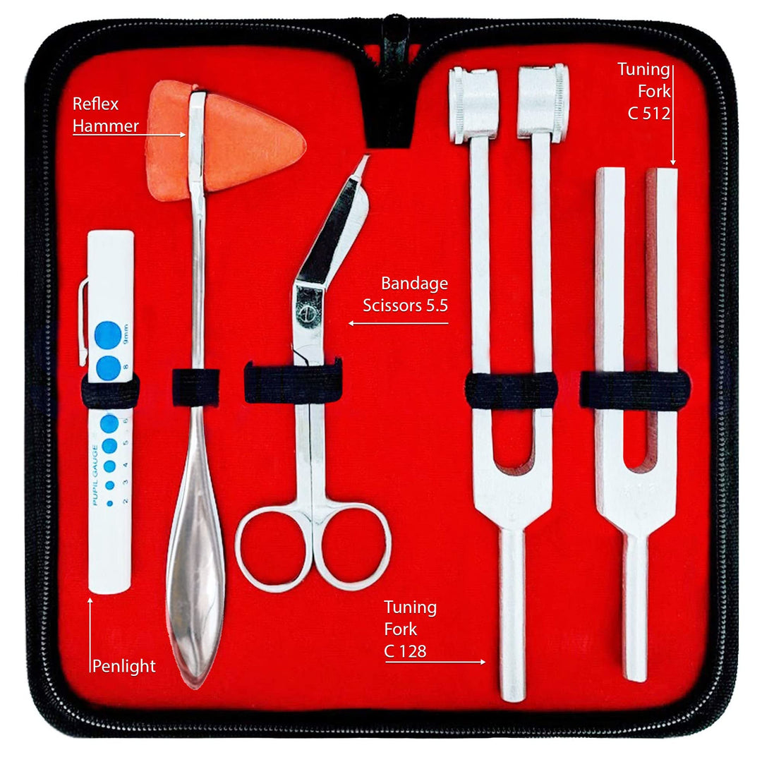 Diagnostics Kit - Percussion Taylor Reflex Hammer + C 128 &amp; C 512 Tuning Forks + Bandage Scissors + Pupil Gauge Pen Light in Carrying Case - 6 Pieces Set - Silver