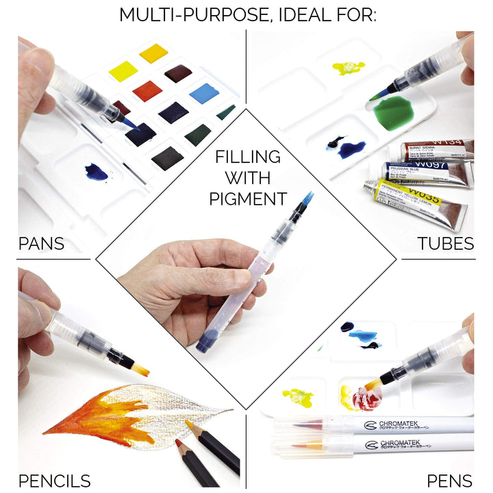 Water Brush Pens by Chromatek. Set of 6 Aqua Pen Painting Brushes. Including Online Video Tutorials and Downloadable Picture Templates. Ideal for All Water Soluble Pigment and Watercolor Media