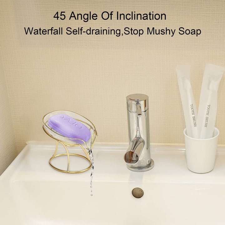 Bar Soap Holder Self Draining Soap Dish, Decorative Bathroom Soap Tray with Gold Iron Frame Creative Soap Box for Bathroom, Kitchen Sink Home Gift