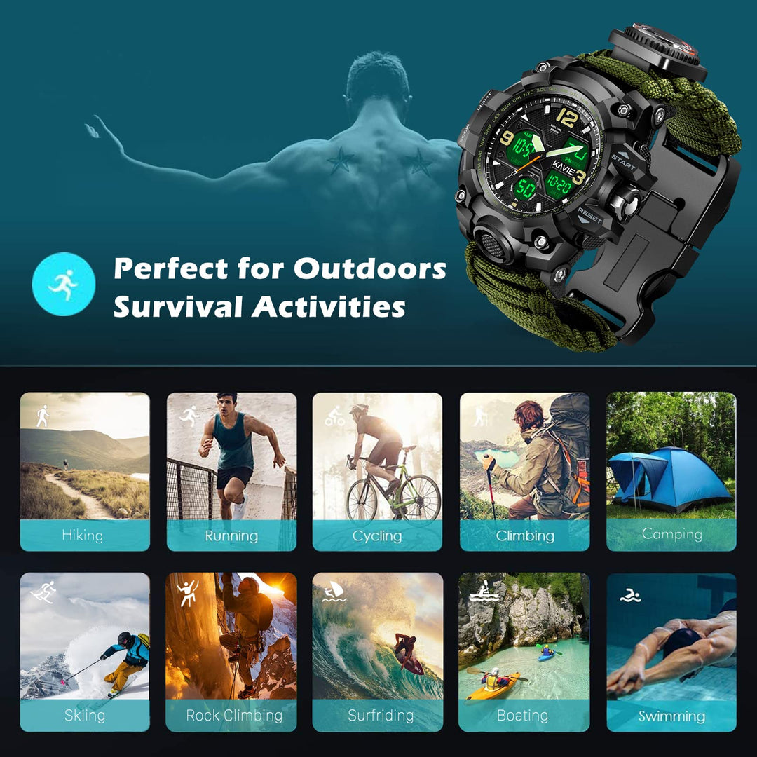 Mens Tactical Military Digital Fabric Watch, 23-In-1 Survival Multi-Functional Army Outdoors Waterproof Camouflage Dual Display Analog Led Electronic Wristwatches With Compass Paracord Band