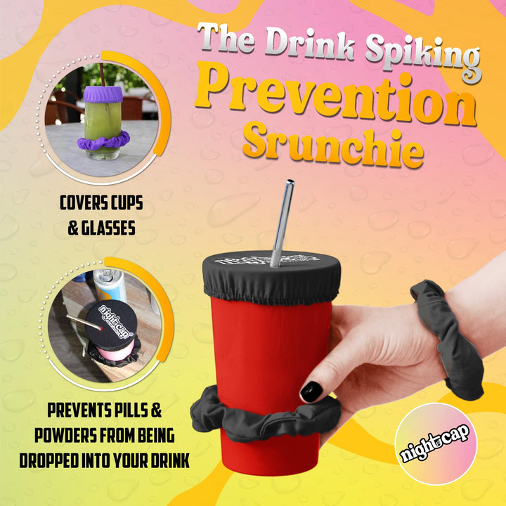 The Original Drink Cover Scrunchie – As Seen On Shark Tank And TikTok - Reusable - Wear On Wrist Or In Hair, Prevent Drink Spiking - Sanitary Pocket Keeps Cover Clean – Black