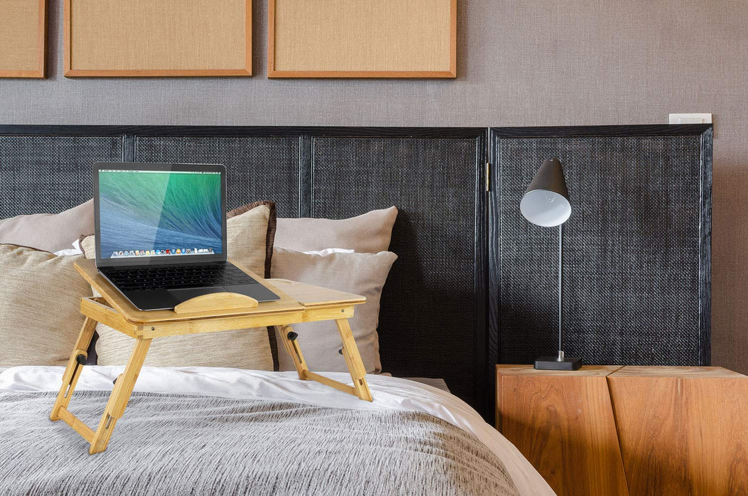Laptop Bed Tray with Tilting Top and Pullout Storage Drawer | Adjustable Breakfast Table with Foldable Design | Eco-Friendly, Natural Bamboo Laptop Tray (MI-7212)