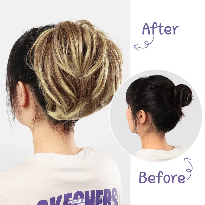 4 Pcs Messy Hair Bun Hairpiece Tousled Updo for Women Hair Extensions Straight Short Ponytail Elastic Scrunchies Curly Hair Accessories (Brown mix Blond/12H24,Basic Style)