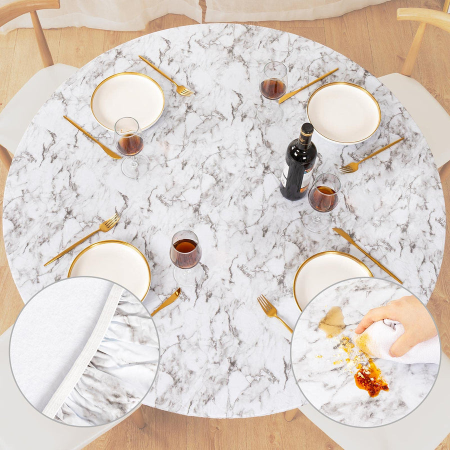 Round Fitted Vinyl Tablecloth with Elastic Edged & Flannel Backing, Waterproof Wipeable Round Table Cover for Indoor Outdoor Patio Use - Fits Tables up to 45 - 56 Diameter(WhiteMarble)