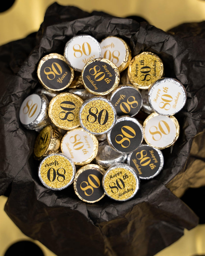 80th Birthday Kisses Stickers, (Set of 324) Chocolate Drops Labels Stickers for 80th Birthday, Hershey&#39;s Kisses Party Favors Decor, 9 Designs (36 Stickers of Each)