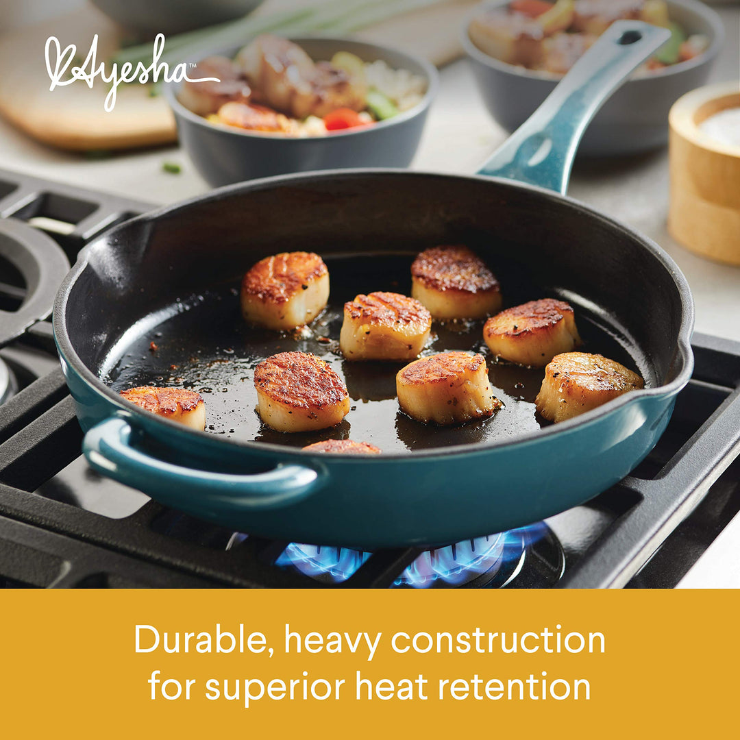 Curry Enameled Cast Iron Skillet/Fry Pan with Pour Spouts, Skillet (10), Twilight Teal