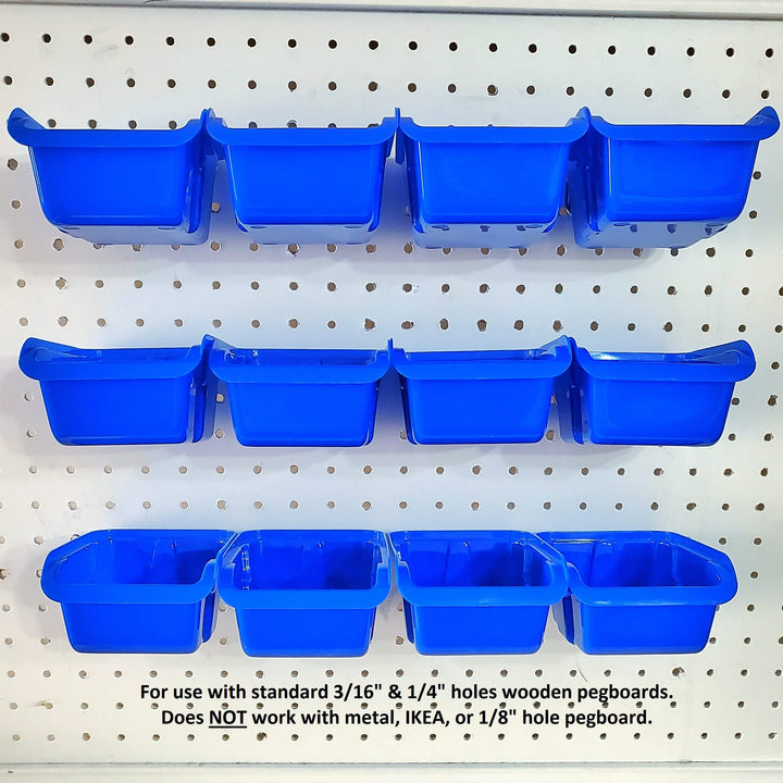 Removable Pegboard Bins with Hooks 12 Peg Board Wall Mounted Storage Bins for Garage Workbench Organizer &amp; Craft Room Wooden Pegboard Heavy Duty Portable Bins Each Hold 3+ Lbs (Dark Blue)