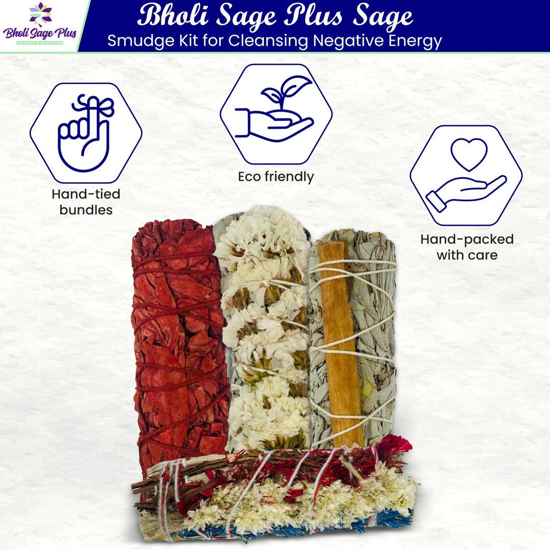 Bholi Sage Plus Sage Smudge Kit for Cleansing Negative Energy and Cleansing Home Sinuata, Dragon Blood, Cinnamon and Triple Flower Dried - 4&#39;&#39; Long Pack of 4 White California Sage Sticks