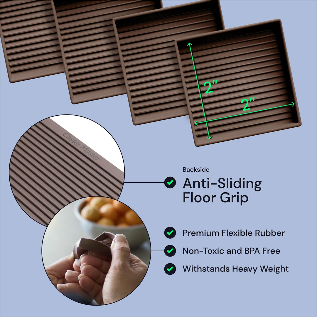 Non Slip Furniture Pads- 2x2 Square Rubber Anti Skid Caster Cups, Leg Coasters- Couch, Chair, Feet, and Bed Stoppers- Anti-Sliding Floor Protectors for Furniture (Set of 4) Brown