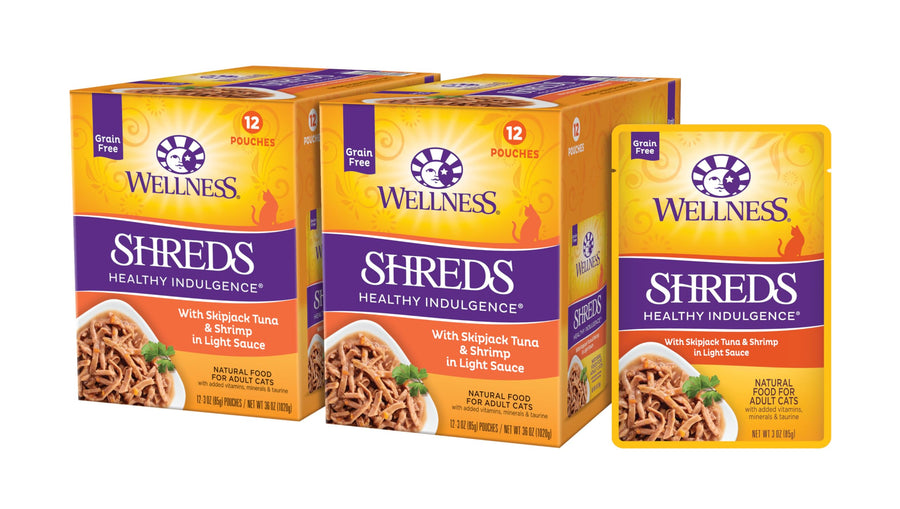 Healthly Indulgence Shreds Adult Wet Cat Food, Natural, Protein-Rich, Grain Free, 3 Ounce Pouch, 24 Pack, (Tuna & Shrimp)