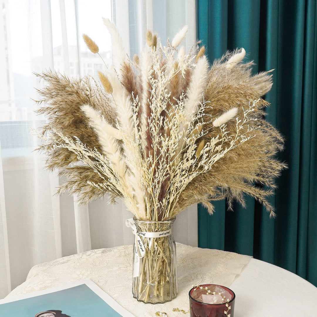 Dried Pampas Grass Decor 145 PCS 17Inch 43cm Natural Dried Pampas Grass Bouquet Boho Home Decor Bunny Tail Grass Brown Rabbit Pampas Reed Grass Fluffy Stem White Pompous Plants Decor Flower