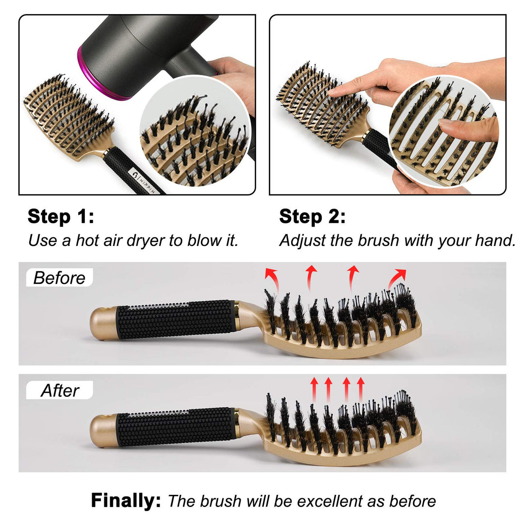 Boar Hair Brushes 2 Pack, Suitable for Men, Women &amp; Kids’ Long Curly Wet or Dry Hair, Hairbrush for Thick Hair Can Adds Shine and Makes Hair Smooth