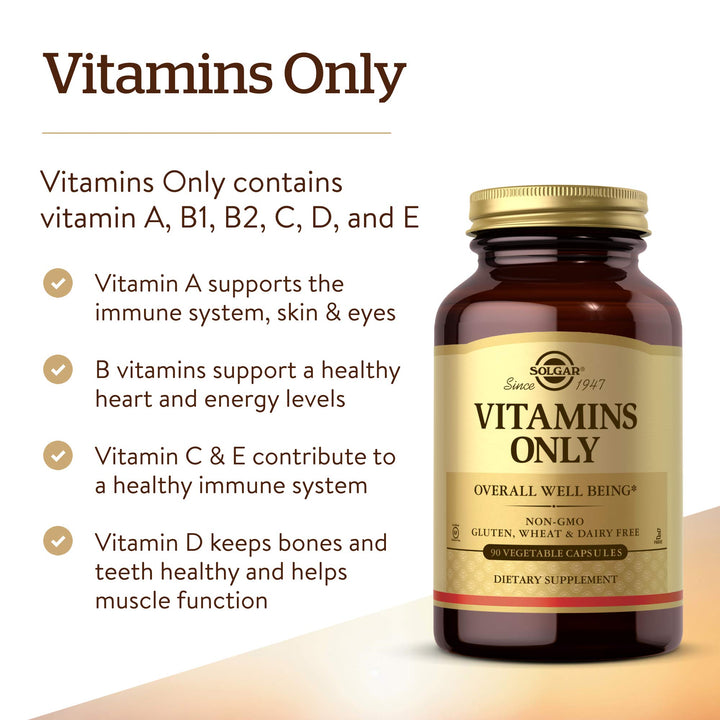 Solgar Vitamins Only, 90 Vegetable Capsules - Multivitamin - Vitamin A, B1, B2, C, D &amp; E - Overall Well-Being - Immune Support - Gluten Free, Dairy Free, Kosher - 90 Servings