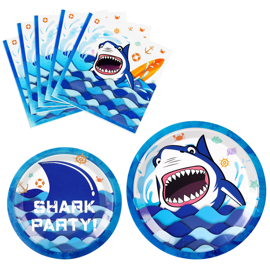 Shark Party Supplies - Blue Ocean Shark Tableware Set for Boys Birthday Baby Shower Pool Party Dinner Dessert Plates and Napkins Serves 16 Guests 48 Pieces