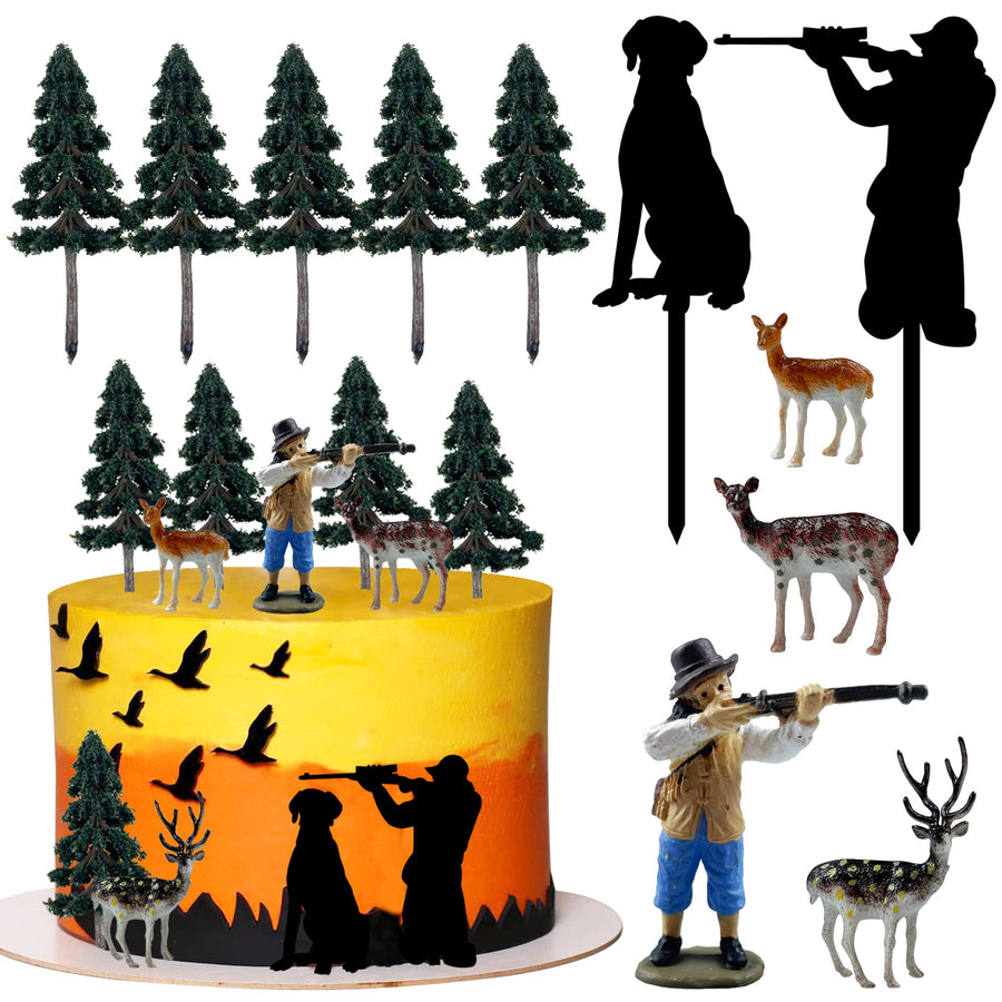 11 PCS Deer Hunting Cake Topper Tree Deer Hunter Cake Decorations for Kids Boy Girl Men Birthday Party Hunting Theme Party Decoration