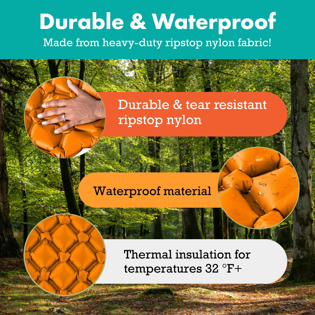 Inflatable Mat for Camping - Ultralight Sleeping Pad for Camping and Backpacking - Compact Air Mattress - Camping Mat with Tear-Resistant Ripstop Nylon - 73.5 x 21.5 - Black and Orange