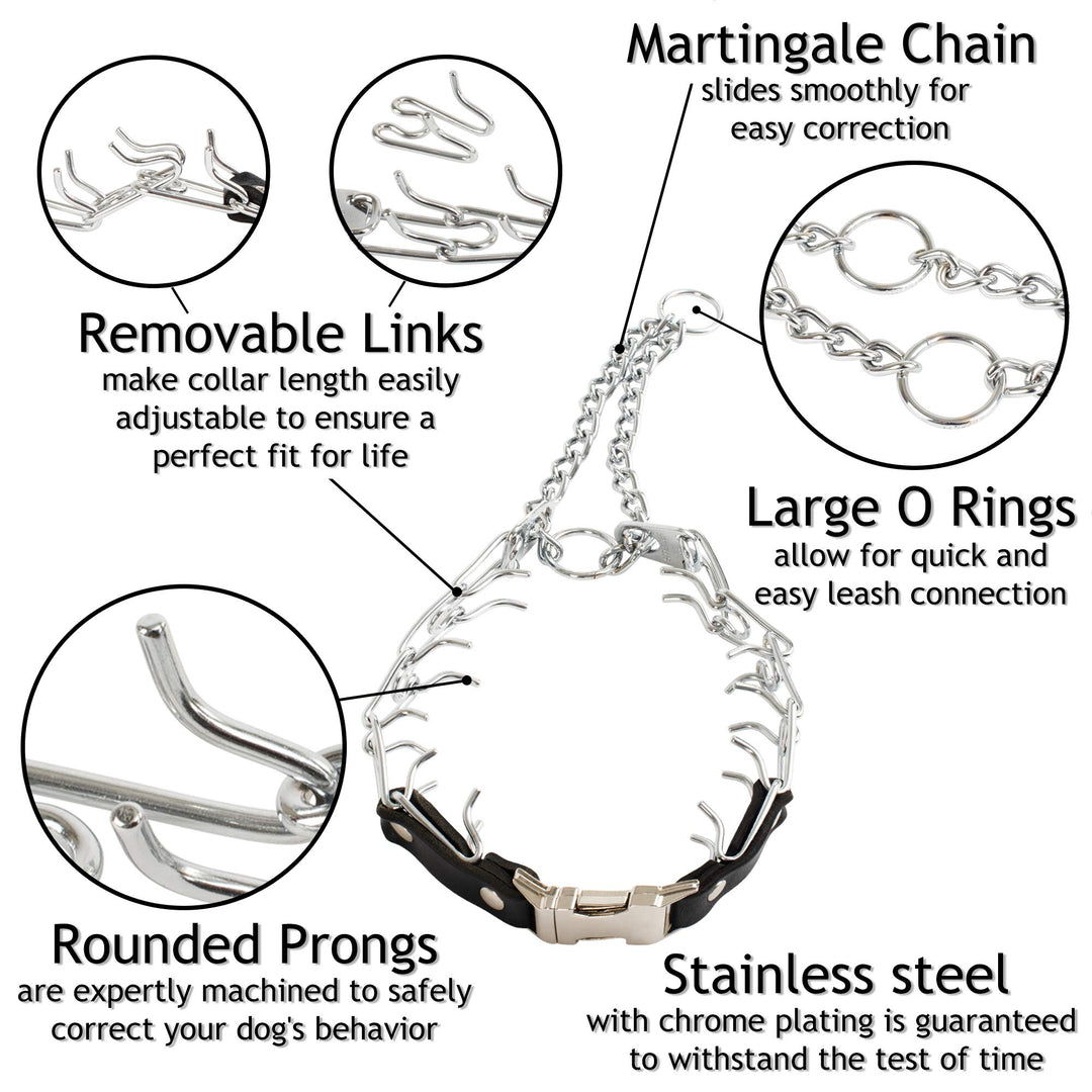 Prong Collar for Dog Training with Easy Quick Release Buckle - German Made Dog Collar with Chrome Plated Steel 2.25mm Prongs for Small Dogs (14-19 Neck)