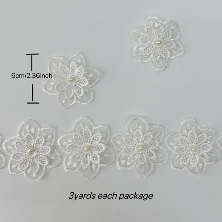Simpless 3Yards White Flower Lace Pearl Trim,Embroidered Sewing Lace Applique for DIY Sewing Crafts Wedding Dress Home décor