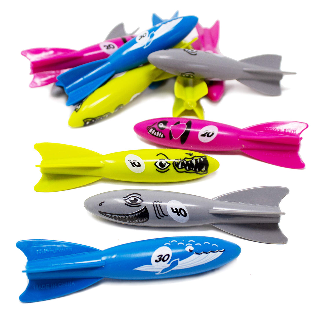 Dive Torpedo Swim Toys - 12 Pack Sinking Pool Toys for Kids - Colorful Shark, Whale, Fish Diving Torpedoes - Summer Water Games, Bath Time Fun, Pool Diving Toy Set