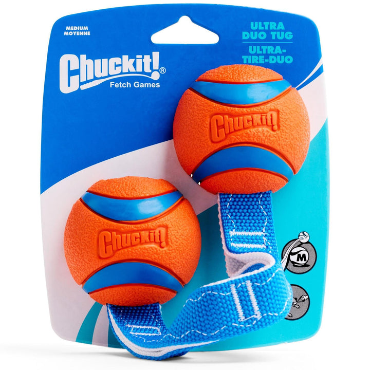 Ultra Duo Tug Dog Toy - Two Ultra Balls on a Durable Nylon Cord Handle - Fetch and Tug-of-War Toy for Dogs - Size Medium - For Breeds 20-60 lbs - 2.5-inch Diameter - Orange and Blue