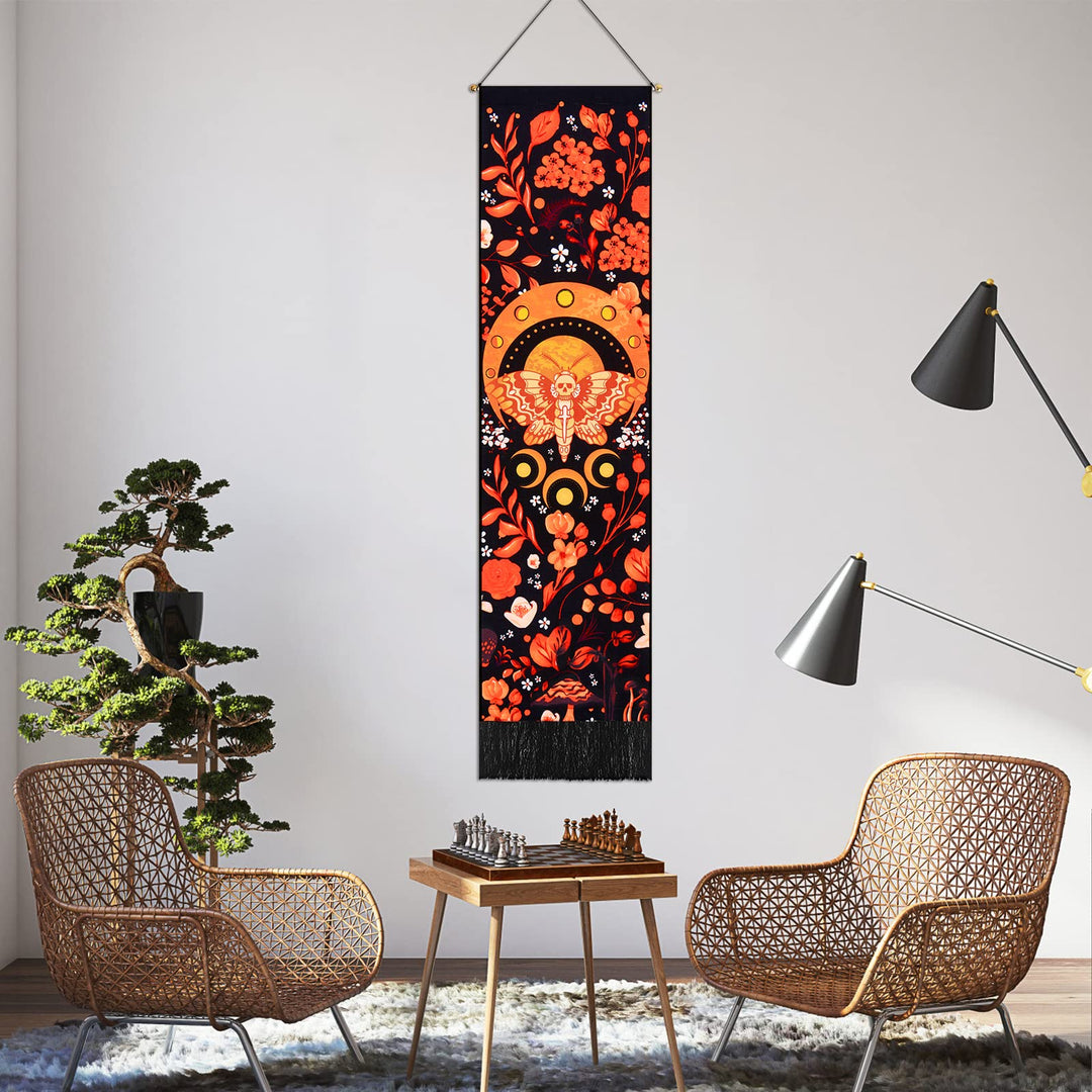 Moon Phase Tapestry Moth Tapestries Colorful Floral Tapestry Abstract Vertical Tapestry Hippie Mushroom Tapestry Wall Hanging For Room(Moon, 12.8 x 51.2 Inches)