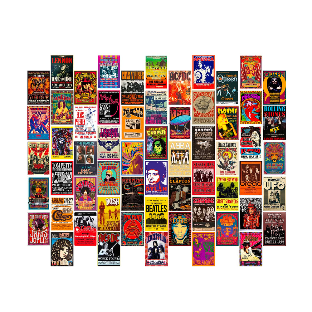60 PC Vintage Rock Band Posters, 70s 80s 90s Retro Concert Prints, Bedroom Wall Art, Album Cover Collage, 4x6 Inch (Set of 60)