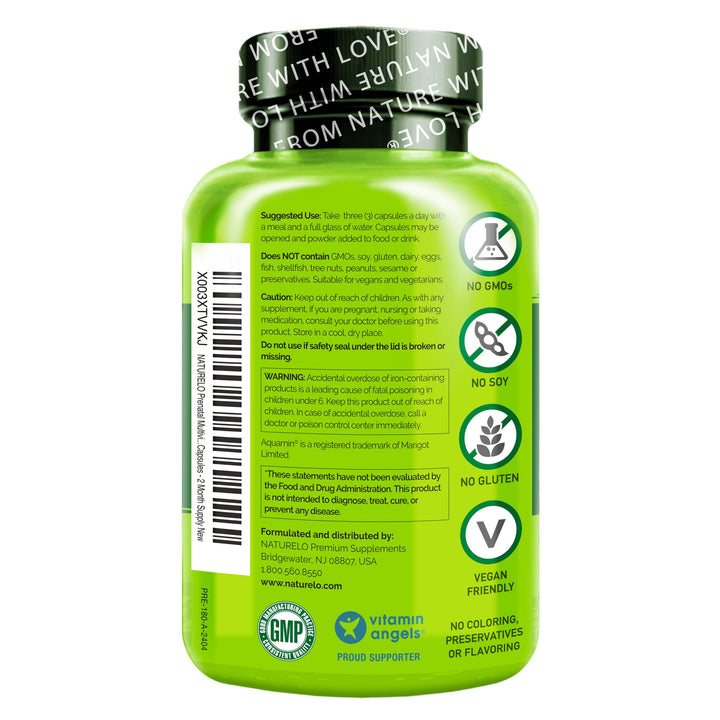 Prenatal Multivitamin with Gentle Chelated Iron, Methyl Folate, Plant Calcium &amp; Choline - Vegan, Vegetarian - Non-GMO - Gluten Free - 180 Capsules - 2 Month Supply