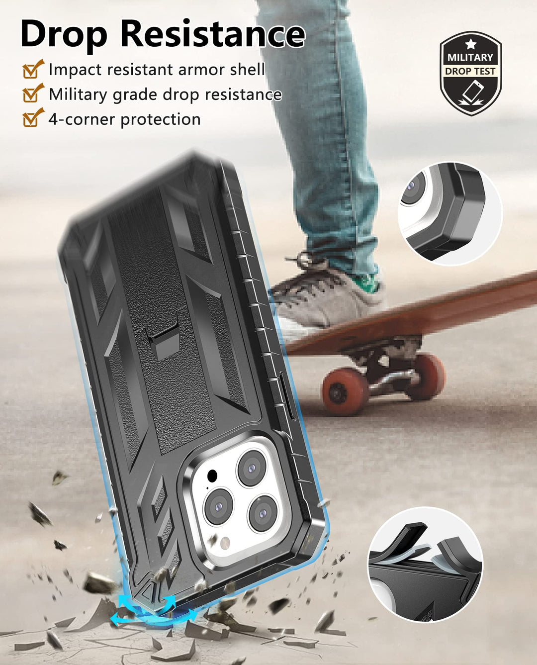 for iPhone 13 Pro Max Case: Built in Kickstand - Military Grade Shockproof Durable Protective Phone Cover | Heavy Duty Drop Proof Full Protection TPU Bumper Hard Rugged Case 6.7 inch 2021 Black