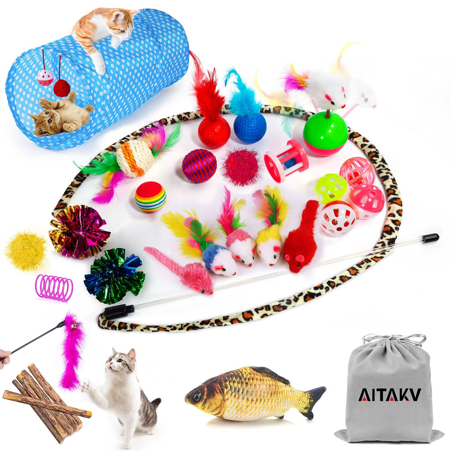 35 PCS Cat Toys Kitten Toys Assortments,Variety Catnip Toy Set Including 2 Way Tunnel,Cat Feather Teaser,Catnip Fish,Mice,Colorful Balls and Bells for Cat,Puppy,Kitty