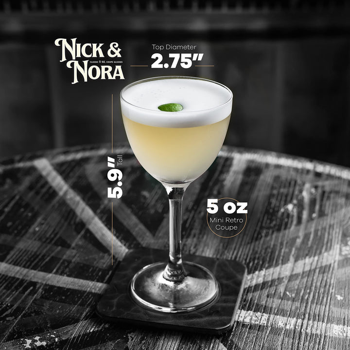 Crystal 5 oz Retro Nick and Nora Coupe Glasses | Set of 6 | Vintage Bar Glassware for Martini, Manhattan, Cosmopolitan, Classic 4 oz Cocktail Drinks | Small Drinking Coups with Long Stems