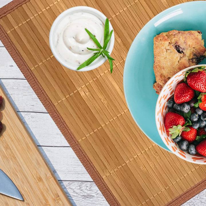 Set of 8 Pcs Bamboo Placemats with Fabric Border Sushi Rolling Mat Japanese Style Natural Anti-Slip Bamboo Placemats Washable Heat-Resistant Table Mats for Dining Room and Kitchen(Coffee)