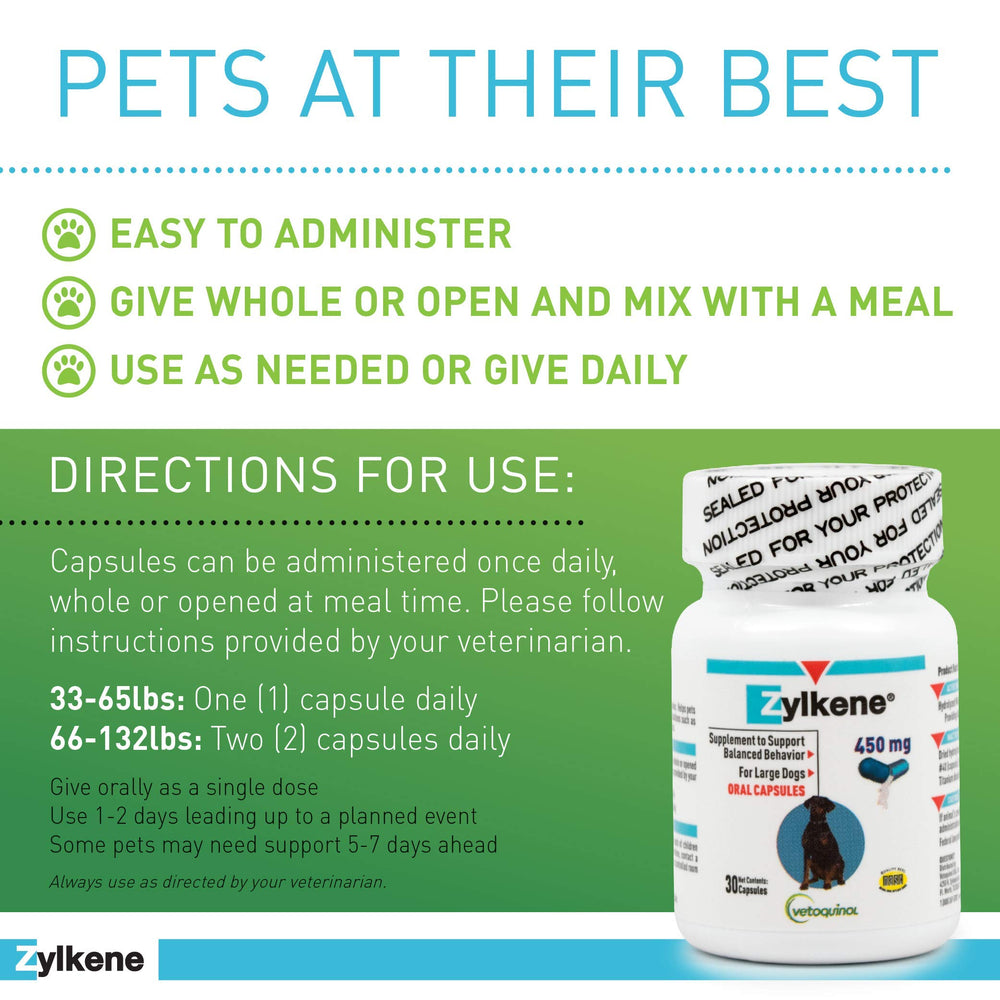 Zylkene Calming Support Supplement for Large Dogs 33-132lbs, Helps Promote Relaxation and Reduce External Stress Factors, Daily Behavioral Support and Anxiety Relief for Dogs, 450mg