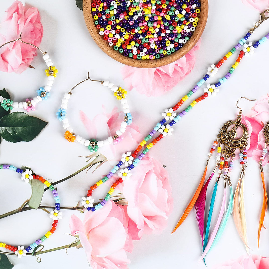 2400Pcs 6/0 4mm Seed Beads for Jewelry Making, Bulk Pony Opaque Bead Colorful Neon Beads Set for DIY Bracelet Earring Necklace Craft with Crystal Elastic String