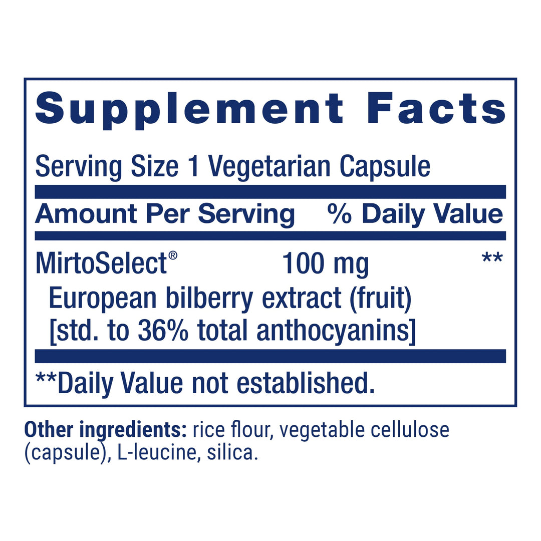 Standardized European Bilberry Extract, 100 mg, MirtoSelect®Vaccinium myrtillus, Eye Health, Circulation, Lubrication, Gluten-Free, Non-GMO, Vegetarian, 90 Capsules