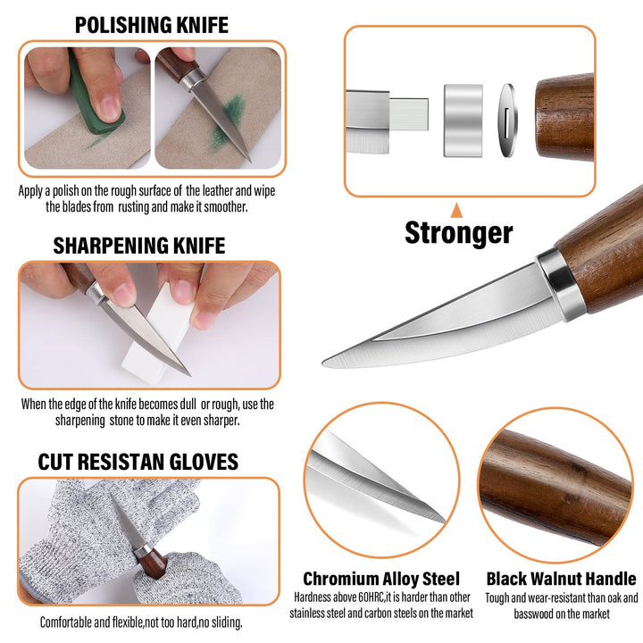 Wood Carving Tools Set 3pcs Whittling Knife and 4pcs K2