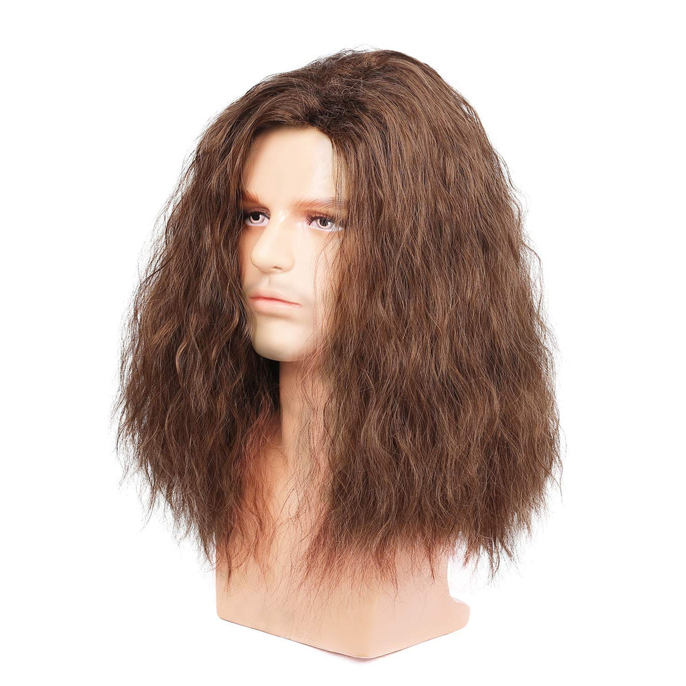 Mens Long Brown Wig Mid Length Synthetic Hair for Male Halloween Cosplay 80s Costume Wig