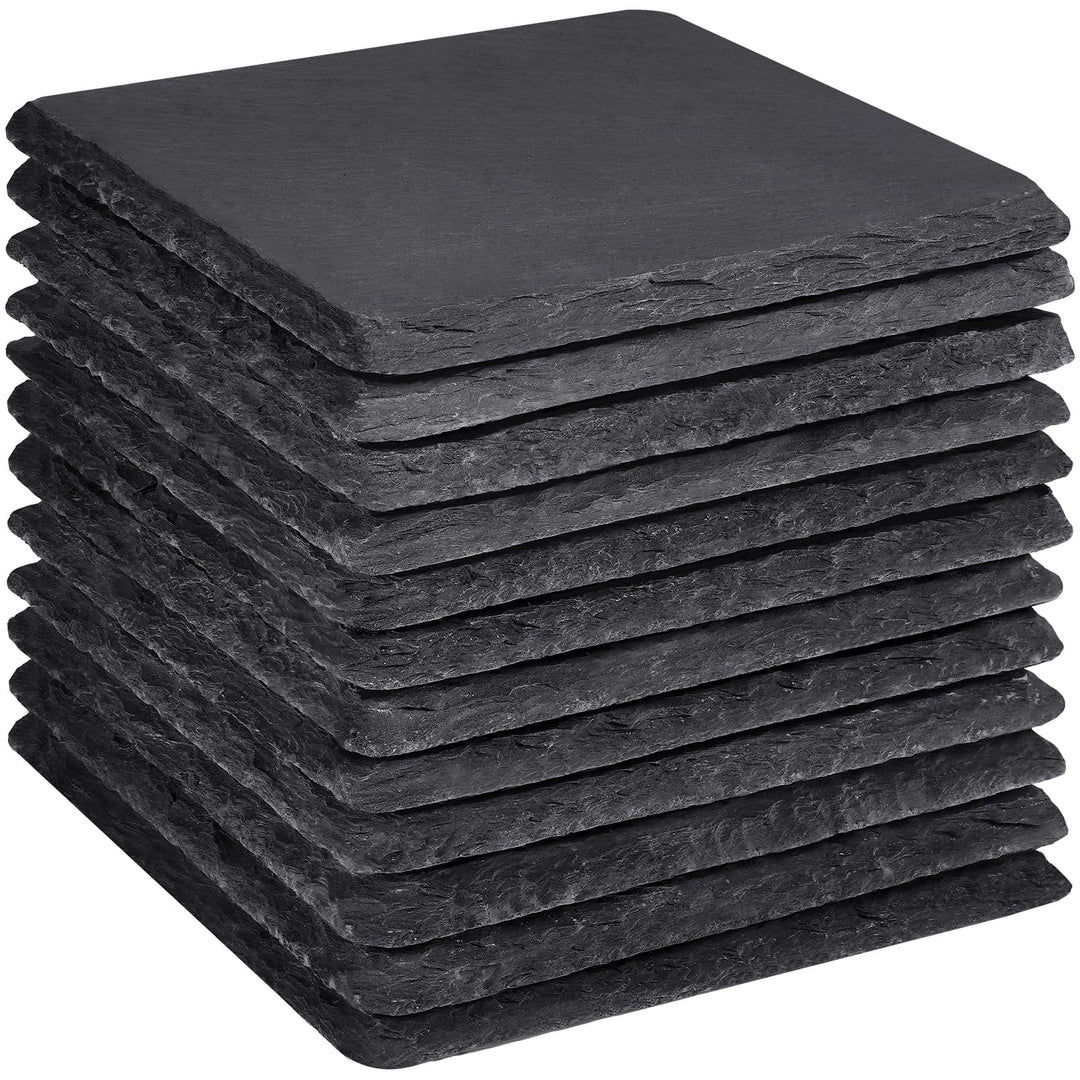Slate Coasters, 4 Inch Coasters Set 12 Square Rustic Black Stone Coasters Set for Drinks with Anti-Scratch Backing for Halloween, Bar, Kitchen, Housewarming Gifts, Home Decor