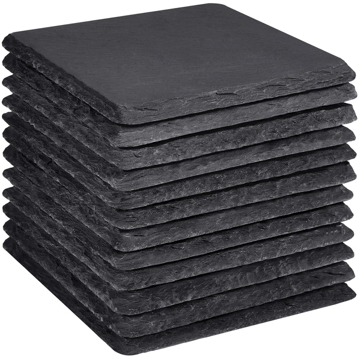 Slate Coasters, 4 Inch Coasters Set 12 Square Rustic Black Stone Coasters Set for Drinks with Anti-Scratch Backing for Halloween, Bar, Kitchen, Housewarming Gifts, Home Decor
