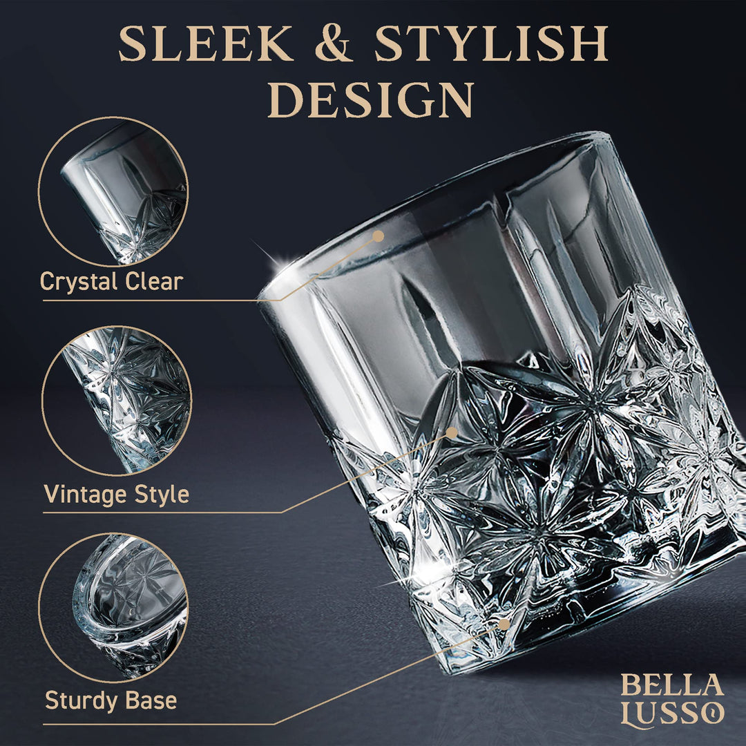 Whiskey Glasses Set of 4,12 oz - Premium Gift Box for Men - Rock Tumblers for Bourbon, Scotch, Cognac, Brandy, Rum, Liquor, Cocktails - Old Fashioned Clear Glassware - Luxury Alcohol Drinking Barware