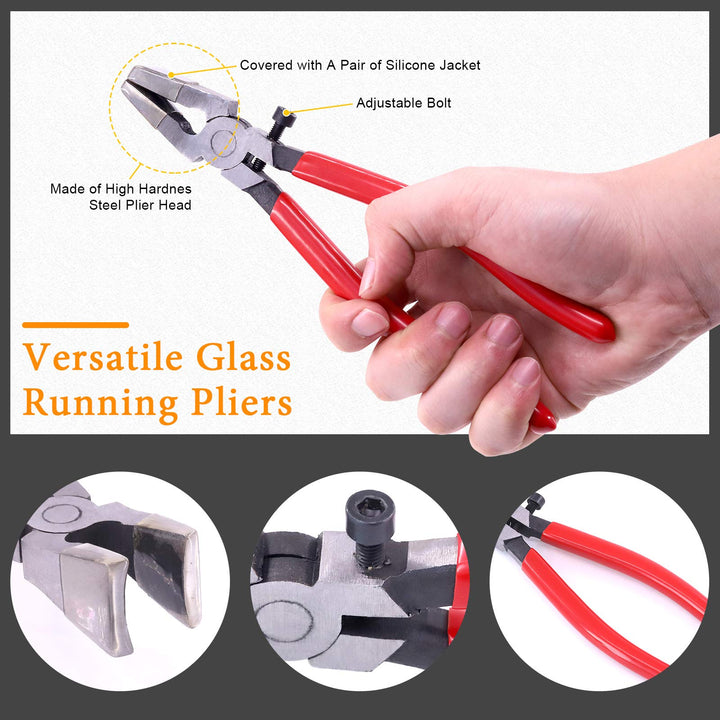 3Pcs Premium Glass Running Breaking Pliers and Class Cutter Kit, Heavy Duty Glass Cutting Tool with Rubber Tip, Work Great for Stained Glass, Mosaics, Fusing, Breaking